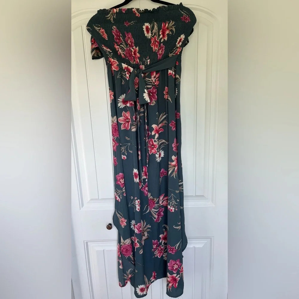 Windsor Green and Pink Floral High Low Maxi Dress with Off Shoulder Sleeve - Picture 4 of 6